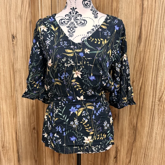 Papaya virág mintás húzott derekú blúz (S)